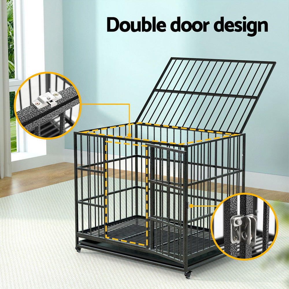 i.Pet 37 inch Dog Cage Crate Large Puppy Cat Anti-Bite Pet Kennel Wheels w/Tray Metal