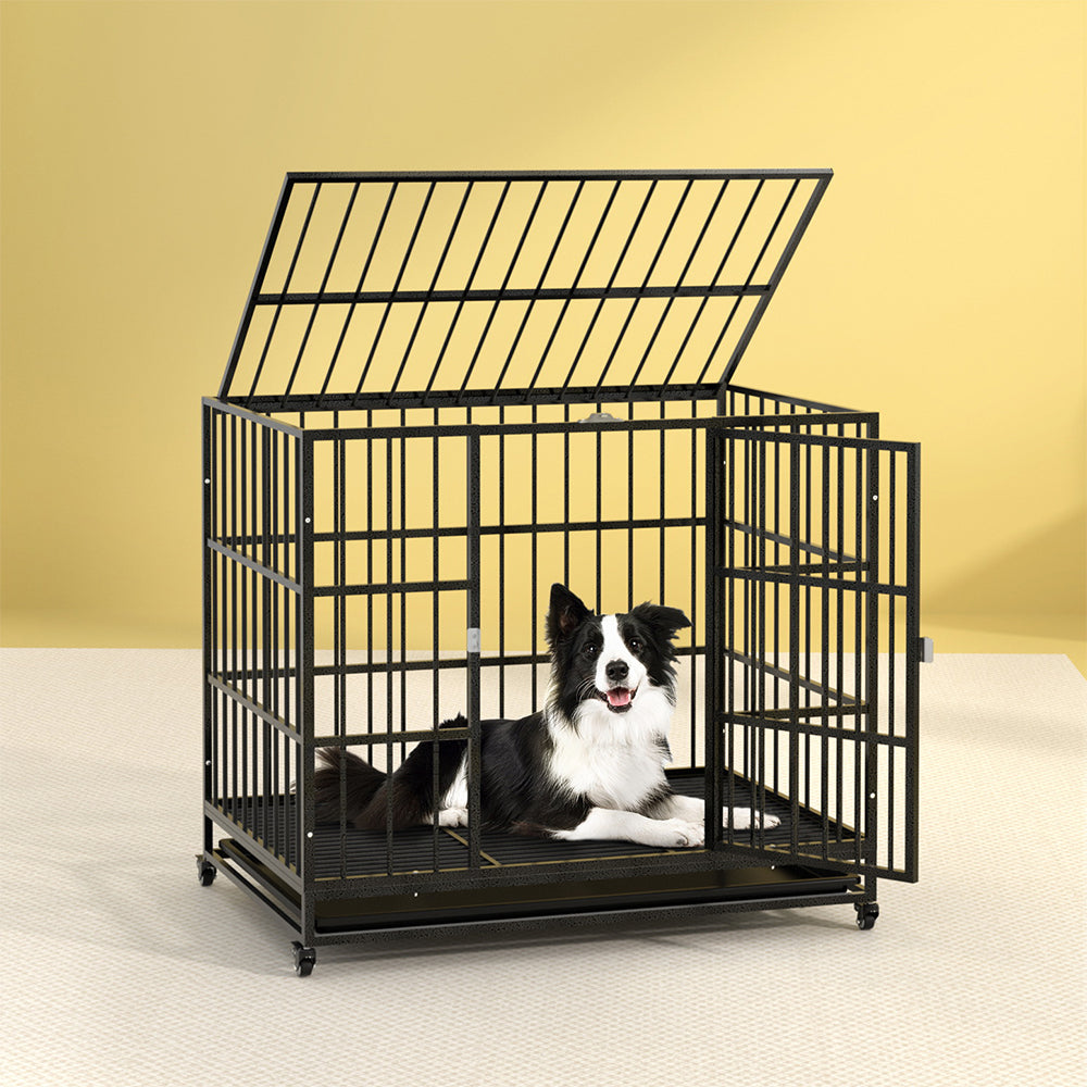 i.Pet 37 inch Dog Cage Crate Large Puppy Cat Anti-Bite Pet Kennel Wheels w/Tray Metal