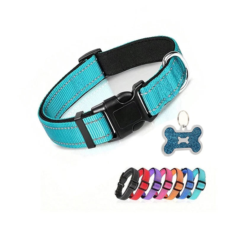 Adjustable Reflective Nylon Dog Collar with Soft Padding & Bone Tag
