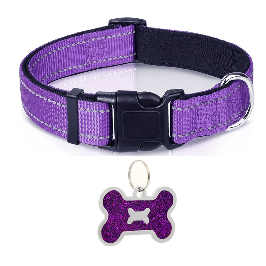 Adjustable Reflective Nylon Dog Collar with Soft Padding & Bone Tag