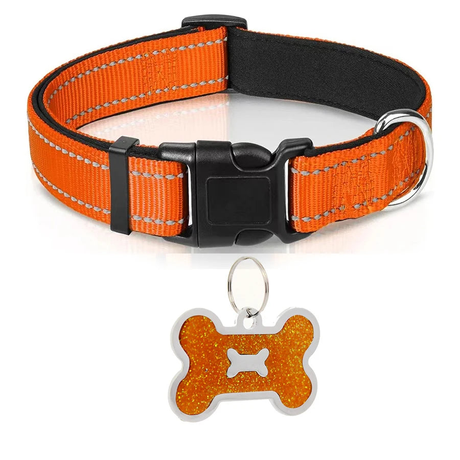 Adjustable Reflective Nylon Dog Collar with Soft Padding & Bone Tag