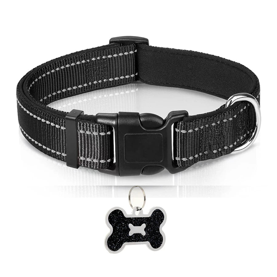 Adjustable Reflective Nylon Dog Collar with Soft Padding & Bone Tag