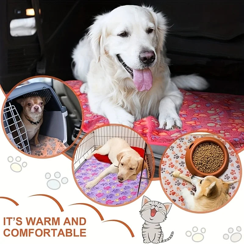 Flannel Pet Blanket – Cute Dog Paw Print Mat for Puppies, Warm & Comfortable