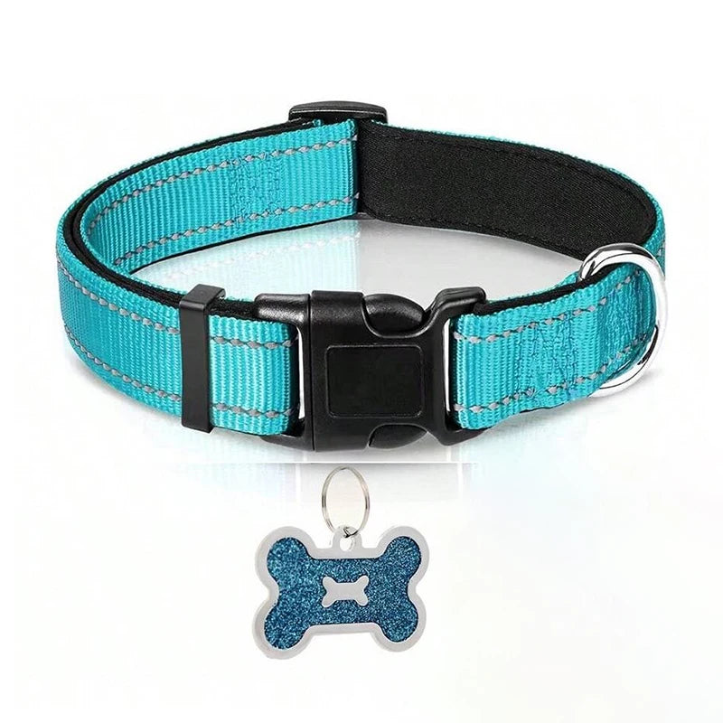 Adjustable Reflective Nylon Dog Collar with Soft Padding & Bone Tag