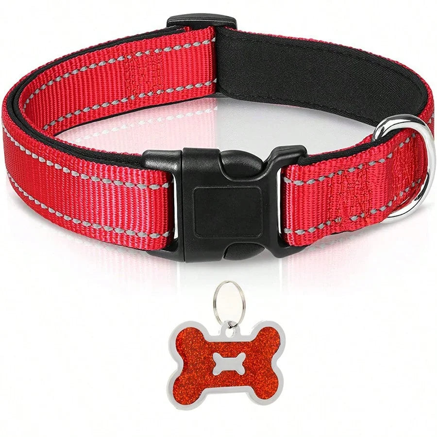 Adjustable Reflective Nylon Dog Collar with Soft Padding & Bone Tag
