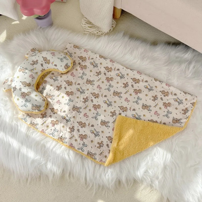 Pet Blanket with Pillow – Warm Printed Sleeping Mat & Quilt for Puppies