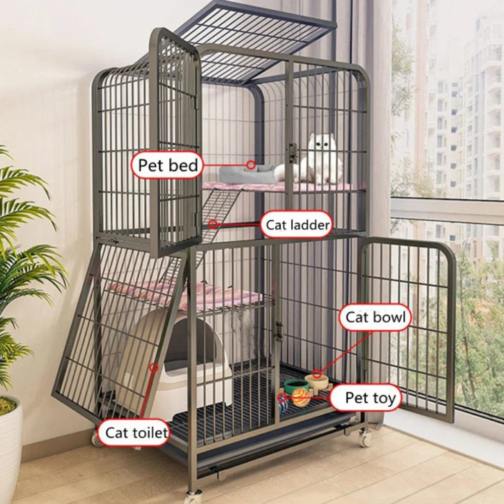 Luxury Double-Layer Metal Pet Cage – Spacious Iron Mesh Dog House & Crate with Door