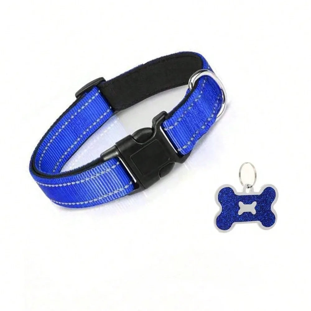 Adjustable Reflective Nylon Dog Collar with Soft Padding & Bone Tag