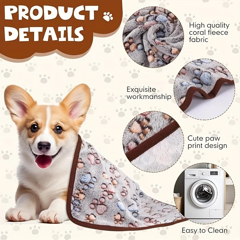 Flannel Pet Blanket – Cute Dog Paw Print Mat for Puppies, Warm & Comfortable