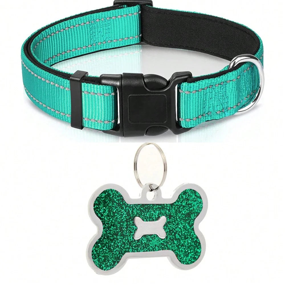 Adjustable Reflective Nylon Dog Collar with Soft Padding & Bone Tag
